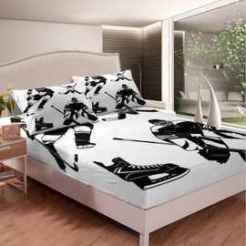 Boys Ice Hockey Bedding Set for Kids Children Hockey Player Printed Bed Sheet Set Decorative Sports Event Fitted Sheet Black White Winter Sports Bed Cover Full Size 3Pcs