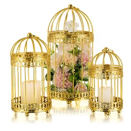 NUPTIO Decorative Candle Lanterns Gold: 3 Set of Tiered Metal Birdcage Lantern Centerpiece Stand Vintage Moroccan Style Brass Pillar Candle Holder for Christmas Weddings Birthday Party Table Decor