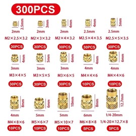 ANBOO Pack of 300 Threaded Inserts, M2 M2.5 M3 M4 M5 M6, Press-in Nuts, Melting Thread, with Sorting Box, Brass Threaded Bushings Internal Thread Knurled Nuts, for Plastic Parts in Threaded Insert 3D Printing