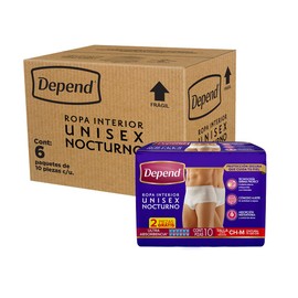 Depend Ropa Interior Nocturno Desechable para Incontinencia, Talla CH-M Unisex, Caja con 6 Paquetes de 10 Piezas (60 Piezas), con Tecnología Derma Protect, Protección segura que cuida tu piel.