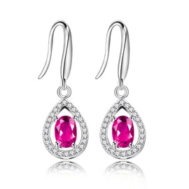 925 Sterling Silver Red Ruby Earrings Natural Gemstone Teardrop Dangle Earrings Birthstone Gifts for Women FR027 (Ruby)