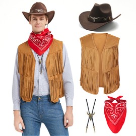 Firecos Cowboy Costume for Men Western Cosplay Fringed Waistcoat with Hat Scarf Vintage Necklace for Carnival Hippie Costume Set for Adults (Khaki, M)
