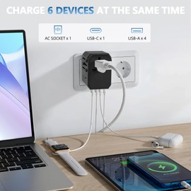 Reiseadapter Weltweit Universal Reisestecker mit 4 USB, 1 Type-C und 1AC Steckdose,5.6A Internationaler Steckdosenadapter, Universaladapter für UK EU USA AUS Stecker,224+ Ländern