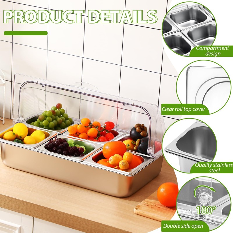 Ziliny 6 Pan Countertop Ice Food Serving Display Container Cooled