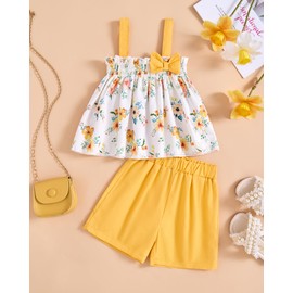 Toddler Girl Clothes Little Girl Summer Outfit Sleeveless Smocked Halter Top Floral Print Camisole Baby Girl Short 18-24 Months Clothes Outfit Sets Yellow