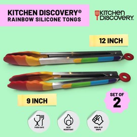 Kitchen Discovery Stainless Steel Tongs Lightweight & Durable Kitchen Tongs for Serving, Parties and Events, Dishwasher-Safe Metal Serving Tongs for Salads (Rainbow Silicone Kitchen Tongs)