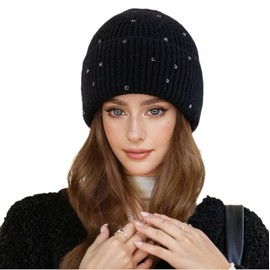 Caviotess Warm Wool Beanie Hats for Women Girls Sparkly Rhinestones Winter Hat Fluffy Knitted Skull Cap Black