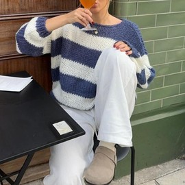 Women Y2k Oversized Striped Sweater Vintage Color Block Crew Neck Chunky Long Sleeve Pullover Harajuku Jumper (B-03, XL)