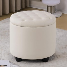 Furniliving Upholstered Button Tufted Round Ottoman, PU Storage Ottoman Round, Removable Lid Convenient Footstools, Classic Ottoman with Storage for Vanity, Nursery Room，IvoryWhite