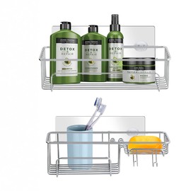 Nandae Shower Caddy Hanging Basket Shelf, 2 Pack Bathroom Basket Shelves with Hooks for Shampoo Conditioner Bathroom Kitchen Wall-Mounted Stainless Steel- No Drilling