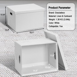 Graciadeco File Organizer Box, Collapsible Storage Filling Box with Lid for Letter Legal Size Hanging Folders Decorative Linen File Folder Box Document Storage Filing Bin, White 2 Pack