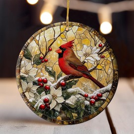 Cardinal Christmas Ornament – Red Bird Winter Holiday Decoration with Flowers & Berries – Style Hanging Ornament for Xmas Tree & Home Décor (HC-67)