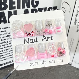 Medium Duck Press on Nails Handmade Fake Nails Bow Charms Luxury Gems Design Thick False Nails with Glue,Muti-Layer Gel Glitter Silvery Press ons Nail Reusable Nails for Women(Size S)