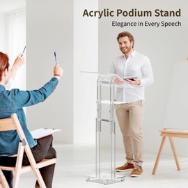 Acrylic Podium Stand Portable, Rolling Podium with Wheels, Clear Podium with Storage Shelf, Lockable Wheels, Adjustable Height pulpits for Churches, Classroom, Weddings, Speech ﻿