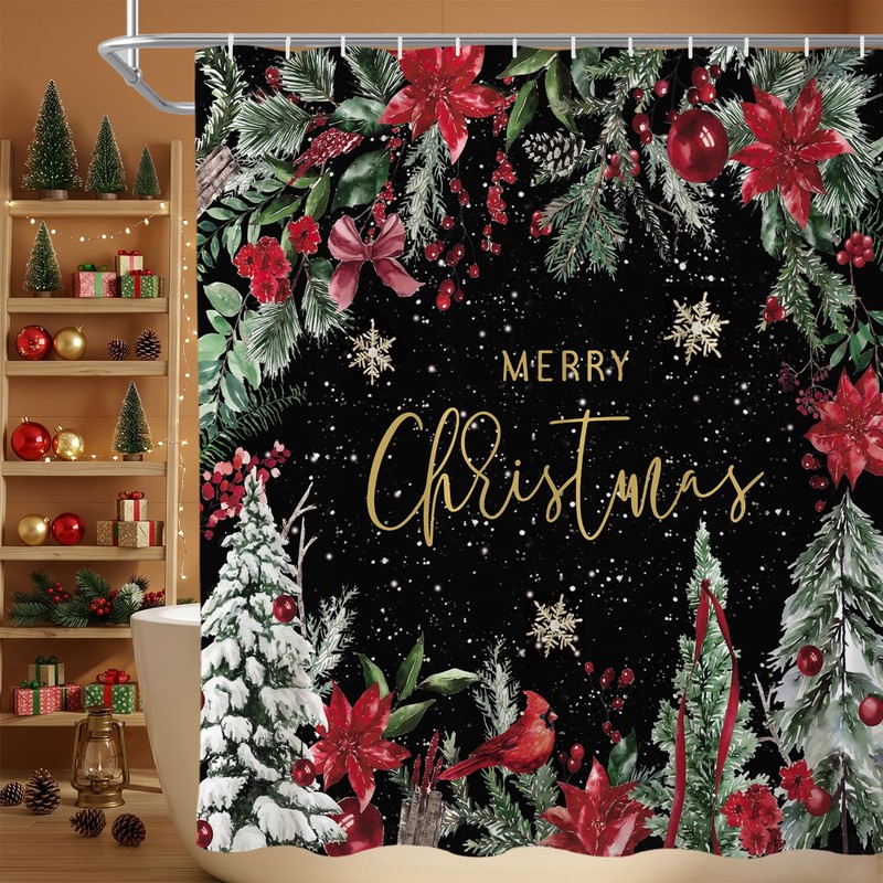 Christmas Poinsettia Shower Curtain Winter Tree 72x72 Inch