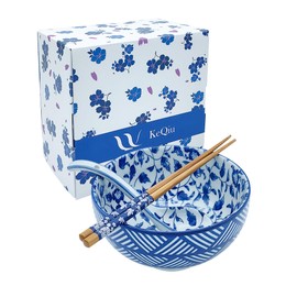 KeQiu 24 Oz Ceramic Japanese Bowl with Non-slip Spoon and Chopsticks, 6 Inch Cereal Bowl for Ramen, Noodle, Soup, Oatmeal, Fruit and Rice, Dishwasher & Microwave Safe, Floral & Striped Pattern