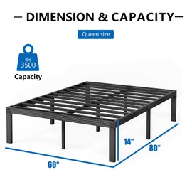 ZIYOO Queen Size Bed Frame, 14 Inches Platform Bed Frame, 3500lbs Heavy Duty Steel Slat, Non-Slip Design, No Box Spring Needed, Easy Assembly, Quiet Noise Free, Under Bed Storage Space, Black
