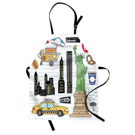 Ambesonne Hipster Apron, New York City Manhattan of Liberty Big Apple Hot Dog Stand Sketch Style, Unisex Kitchen Bib with Adjustable Neck for Cooking Gardening, Adult Size, Blue