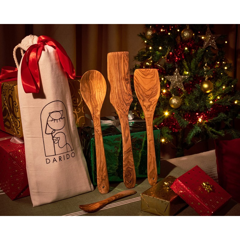 Darido Olive Wood Cooking Utensils Set of 3 with Extra