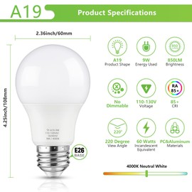 Maylaywood Maylaywood A19 LED Light Bulbs, 60 Watt Equivalent, Neutral White 4000K, 850LM, E26 Base, Non-Dimmable, 9W Bright White Bulbs, 12-Pack