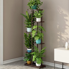 dainslef 6 Tier Wood Tall Plant Stand Metal Rack Indoor, Multiple Flower Pot Holder Shelves Corner Rack, Planter Shelf Display Rack Storage Organizer for Patio Living Room Balcony Garden