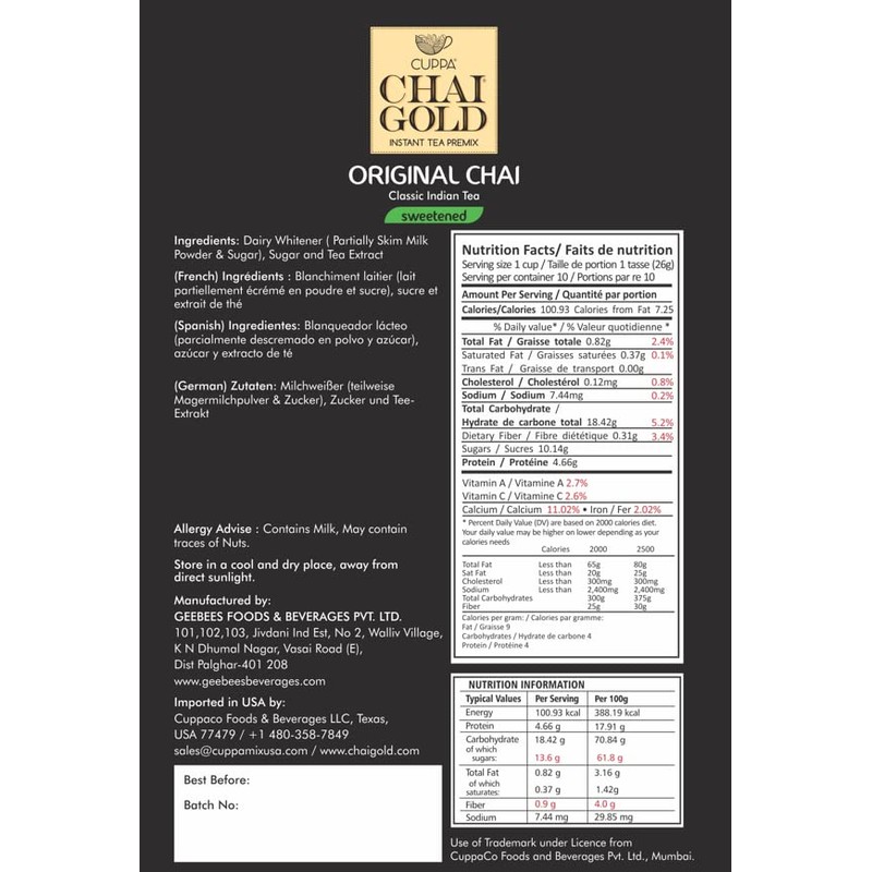 Cuppa Chai Gold Original Chai | Sweetened Version | Pack