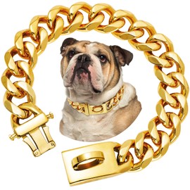 19mm Wide Gold Dog Chain Collar with Buckle,18K Gold Plated,Heavy Duty Strong Stainless Steel Metal Pet Solid Cuban Links Collars for Dogs(16inch)