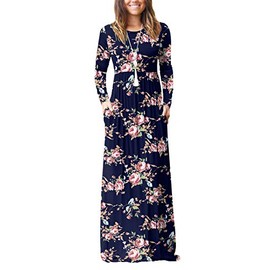 GRECERELLE Women Long Sleeve Casual Round Neck Loose Floral Maxi Long Dress with Pockets, Rose Navy, L