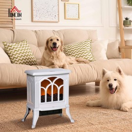 HOMCOM 17" Freestanding Electric Fireplace Stove, Fire Place Heater with Realistic Logs and Flame Effect and Overheat Protection, 750W/1500W, White
