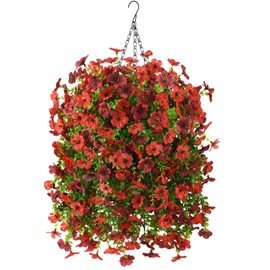 Artificial Flowers Hanging Baskets, 4 Bundles Outdoor Hanging Basket Spring Summer Decoration, No Fade Realistic Fake Flowers Plants for Porch Patio Balcony Home Yard Decor(Red Brown)