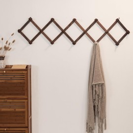 SKOLOO Accordion Wall Hanger with 16 Hooks, Modern Expandable Coat Rack Hat Rack for Wall, Solid Wooden, Walnut Color