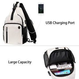 MOSISO Sling Bolsa de Mochila, Crossbody Bolsa de Hombro Mochila de Viaje para Senderismo Bolsa de Pecho con Bolsillo Cuadrado Frontal y Puerto de Carga USB, Beige