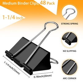 Medium Binder Clips, 48 Pack, 1-1/4 Inch, 1.25 Inch, Standard 32mm, Black, Medium Clips, Fold Clamp, Medium Binder Paper Clips, Medium Size, Office Supplies