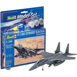 Revell Model Set 63972 F-15E Strike Eagle & bombs 1:144 Scale Unbuilt/Unpainted Plastic Model Kit with Contacta Professional Glue, Paintbrush & Selected Aqua Color Paints