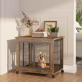 Dog Crate Furniture with Top Opening and 2 Doors on Wheels,31 Inches Dog Cage for Medium Size Dogs up to 30 lbs,Rustic Brown