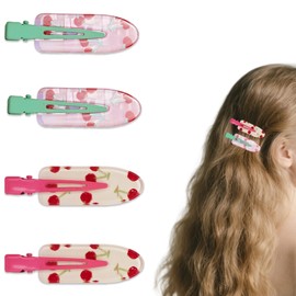 4 Pcs Cherry Print Creaseless Hair Clips - No Bend No Crease Hair Clips for Women, Styling, Makeup & Skincare - Soft Grip Non-Slip Hairpins for Salon, Home, Travel