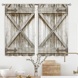 Cinbloo Rustic Farmhouse Kitchen Window Curtains Over Sink Rod Pocket 27.5W x 39L Inch Wooden Barn Door Curtains Country Western Wood Cafe Curtains Retro Grey Farm Village Short Small Drape 2 Panels
