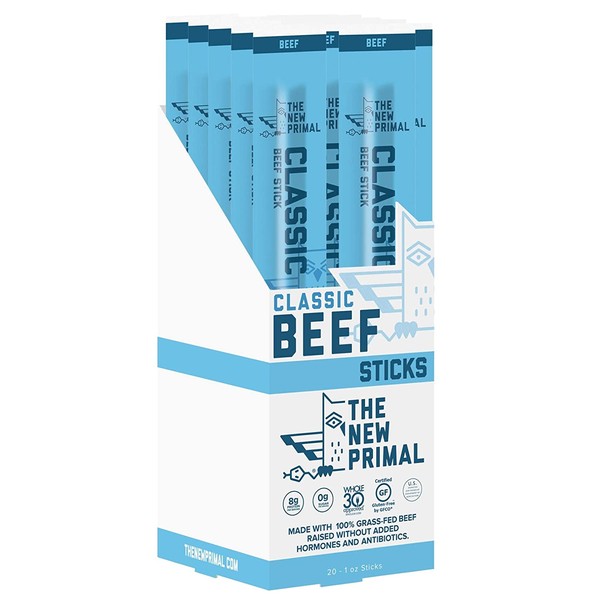 The New Primal Classic Beef Meat Sticks 100% Grass-Fed & Grass-Finished Beef, 1-Ounce Sticks, (Pack of 20) - Whole30 Approved, High Protein, Paleo, Keto, Low-carb, Sugar-free, Gluten-free Snack