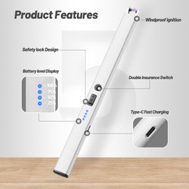 VEHHE Plasma Lighter, USB Type C Electric Lighters Rechargeable with Led Display, Windproof Pulse Extended Long Lighter with Anti-False-Touch Lock, for BBQ Camping Festivals-Silver
