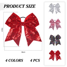 TUUXI 4pcs Large Glitter Cheer Bows 7 Inch Sequin Cheerleading Bows with Elastic Hair Ties Bands Ponytail Holder for Cheerleaders Softball Football Competition College Sport Red Pink Black White
