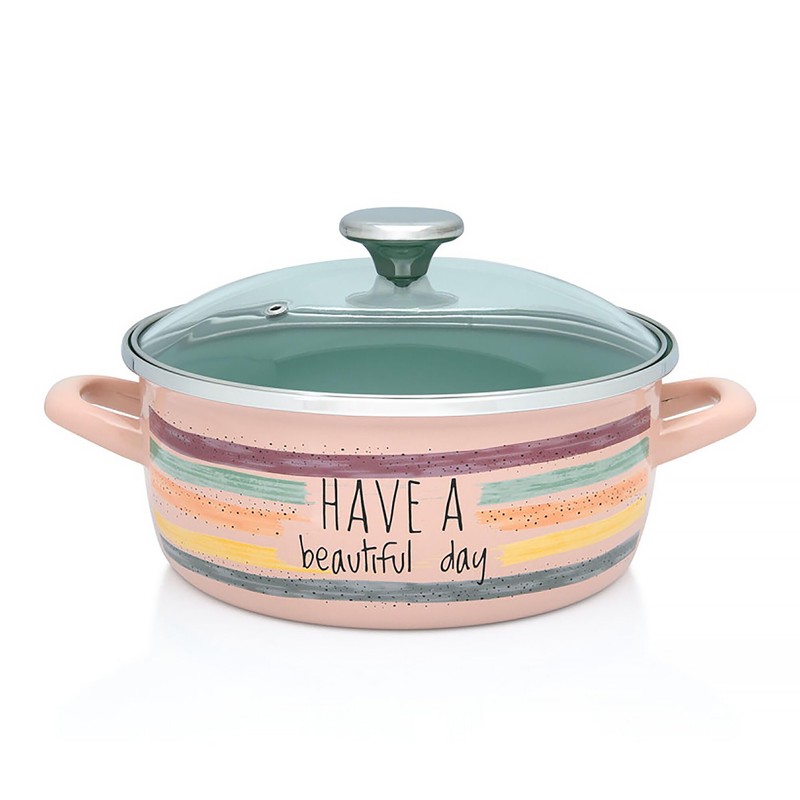 Have a Beautiful Day Vintage Enamel Stock Pot with Glass