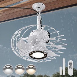 OSGNER 15" Outdoor Ceiling Fan with Light, Waterproof Gazebo Fan Remote Control, Dimmable LED Light, Hanging White Caged Ceiling Fixtures with Plug in Cord for Pergola