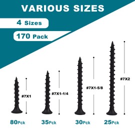 Drywall Screws Assortment Kit - 170 Pcs Black Wood Screws Phillips Tips, Coarse Thread Sheetrock Screws Set, Self Tapping Screws 4 Sizes 1",1-1/4",1-5/8",2in