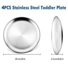 COTOM Set of 4 Stainless Steel 18/8 Plates, Metal 304 Dinner Plates for Toddlers, Serving Plates 8 Inches, Eco-Friendly, BPA Free and Dishwasher Safe