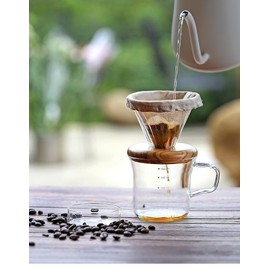 ATHIA Glass Pour Over Coffee Maker Set, Glass Cone Dripper, Reusable Cloth Filter, Minimal Single Cup on the Go,Olive wood_light color