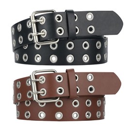 2 Pack Womens Belts, Studded Grommet Belt Leather Belt for Jeans M Black&Brown