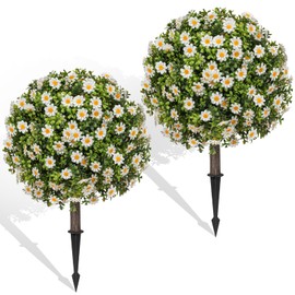 Grewyear Artificial Plants Outdoor Boxwood Topiary Ball Trees with Flower Set of 2, UV Resistant Outdoor Faux Plants with Spike, Fake Round Flower Shrub Bushes for Front Porch, Patio (White Daisy)