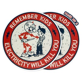 BWBWND 2PCS Remember Kids Electricity Will Kill You Sticker, 3 Inch Waterproof Cartoon Electricity Warning Decal, Removable Electric Caution Sticker for Car Bumpers Helmets Windows