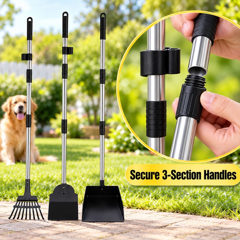 Long Handle Metal Dog Pooper Scooper Set with Rake, Spade