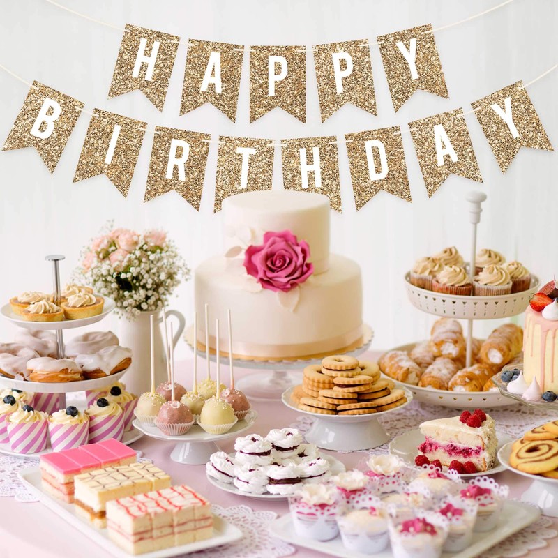 Pre-Strung Happy Birthday Banner - NO DIY - Gold Glitter